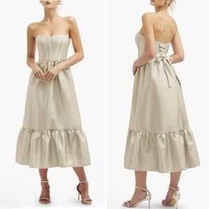 Dessy Collection Strapless Satin Midi Corset Dress With Lace-Up Back Ruffle Hem